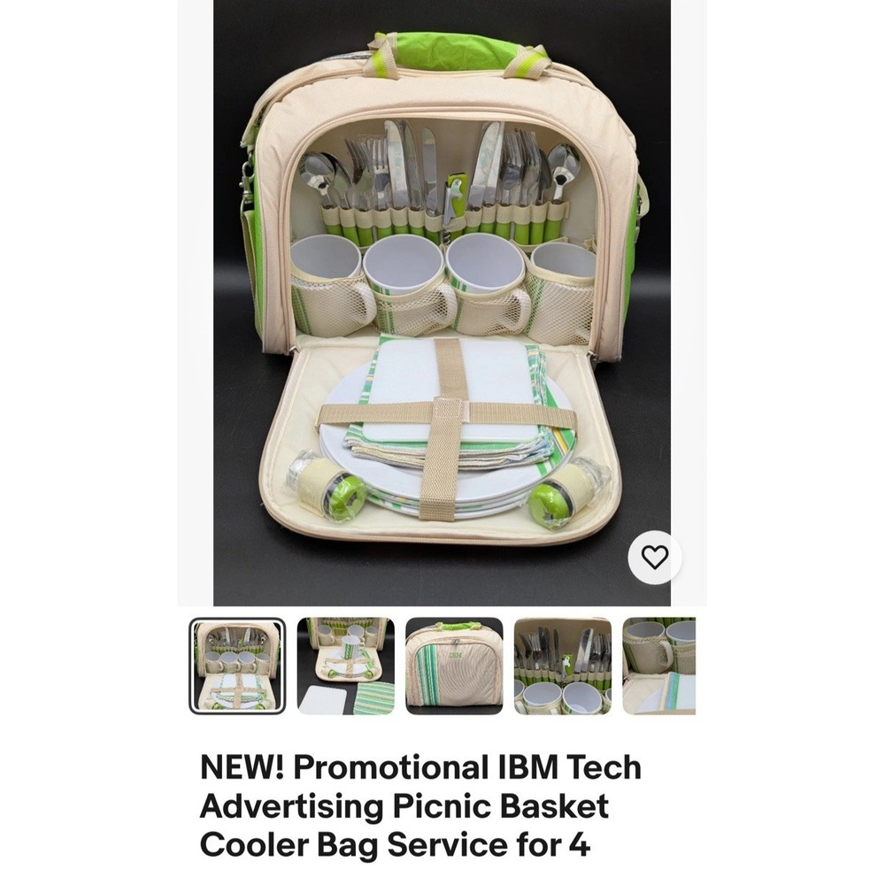 Picnic Bag Pack 4 Person IBM company Hamper Cooler Mugs Plates‎ Cutlery Travel